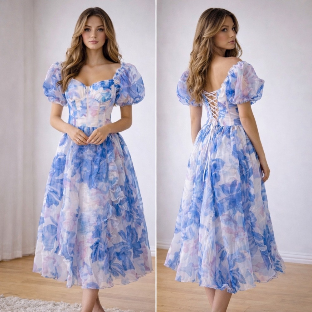 Faireisty Blue Floral Corset Midi Dress – XS-NWOT